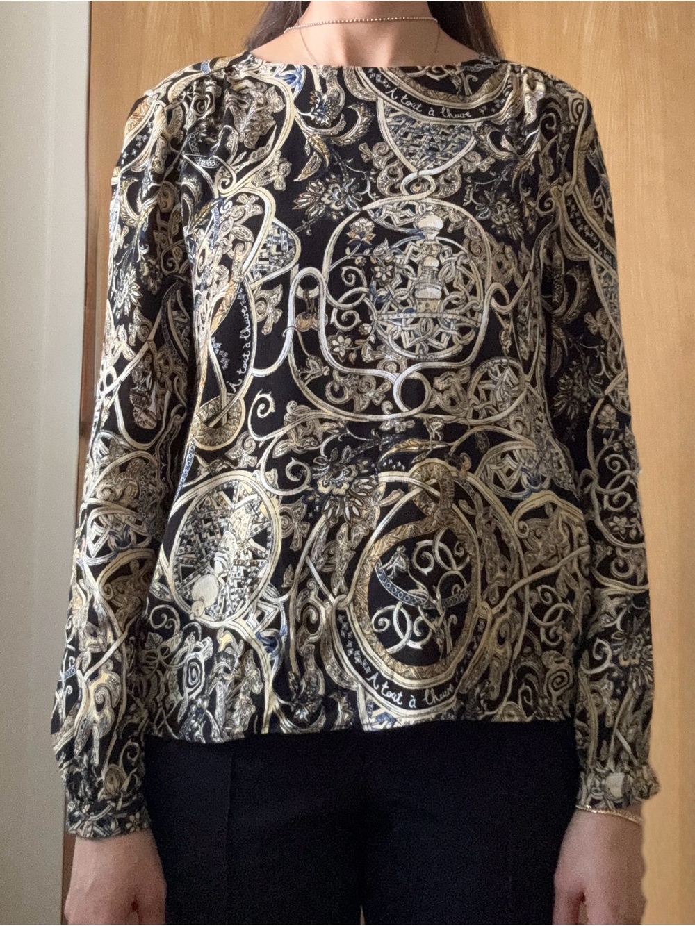 H&M Black Blouse with Gold Baroque Print